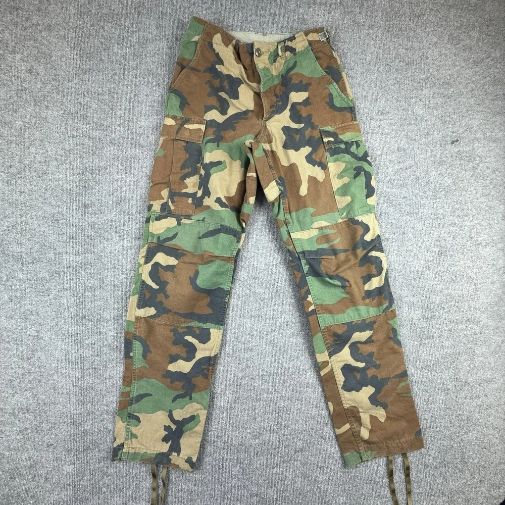 VTG Woodland Camo Pants Mens Small Long Army Cargo Canvas Adjustable Combat
